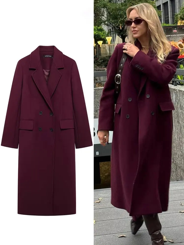 HH Women Fashion Burgundy Coat Double Breasted Long Sleeve Lapel Blends Jacket Autumn Winter High Street Outerwear
