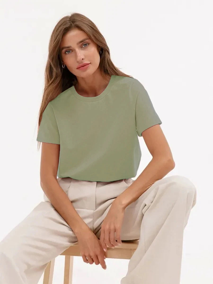 Wolfeel Summer 100% Cotton Women's T-shirt Bottoming Basic Fashionable Solid Lady Short Sleeve Loose Tops Shirts 230g/㎡ Tops