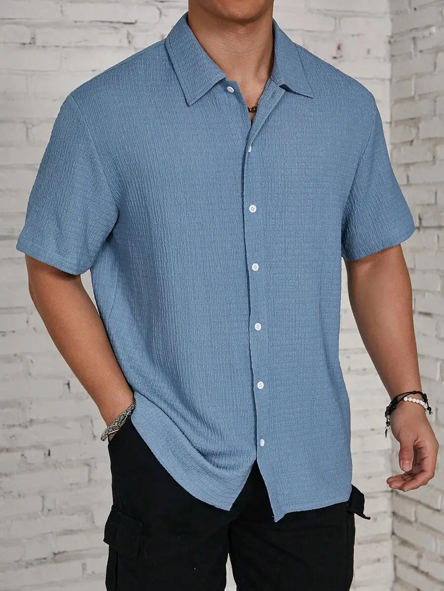 Men's Textured Knit Short Sleeve Button-Front Shirt, Loose Fit, Resort Casual Style