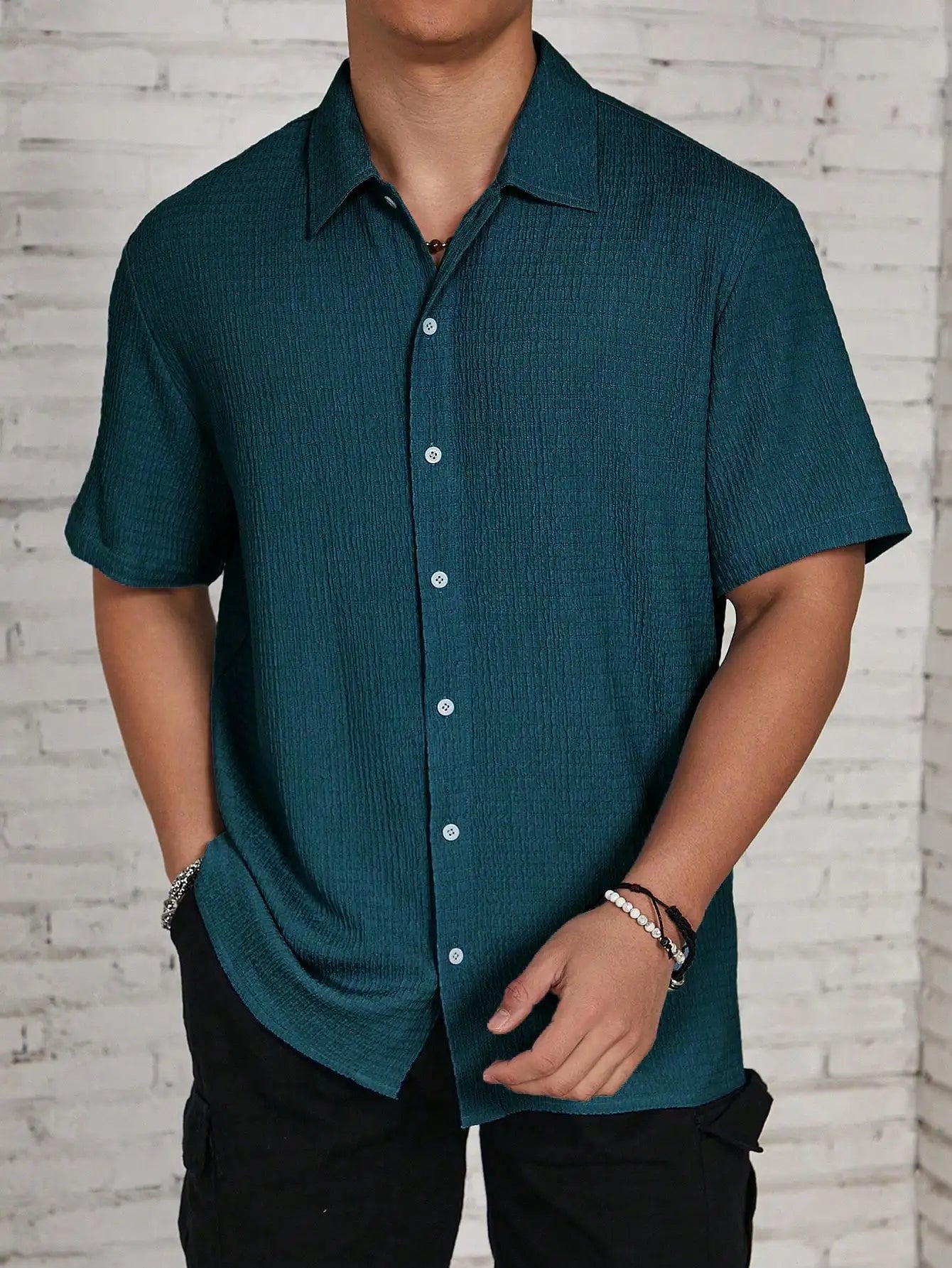 Men's Textured Knit Short Sleeve Button-Front Shirt, Loose Fit, Resort Casual Style