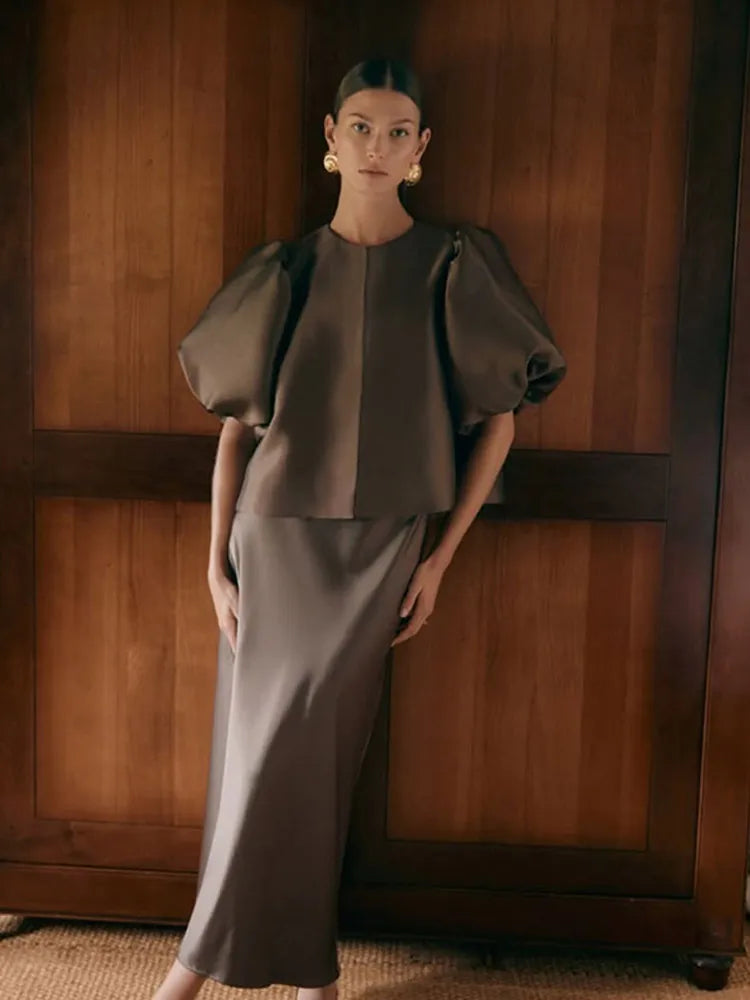 Spring Summer New Women's Fashion Casual Shirt Satin Bubble Sleeves Round Neck Loose Short Top Female Elegant Solid Blouses