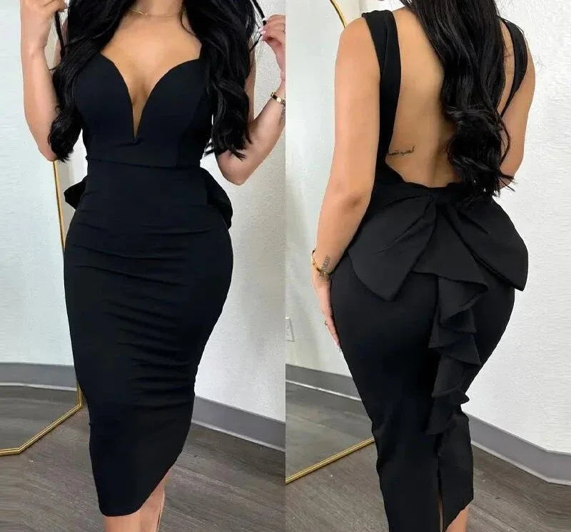 Dress for Women Streetwear Elegant Solid Color Hip Wrap Open Back Deep V High Waist Split Bodycon Dresses 2024 Spring and Summer