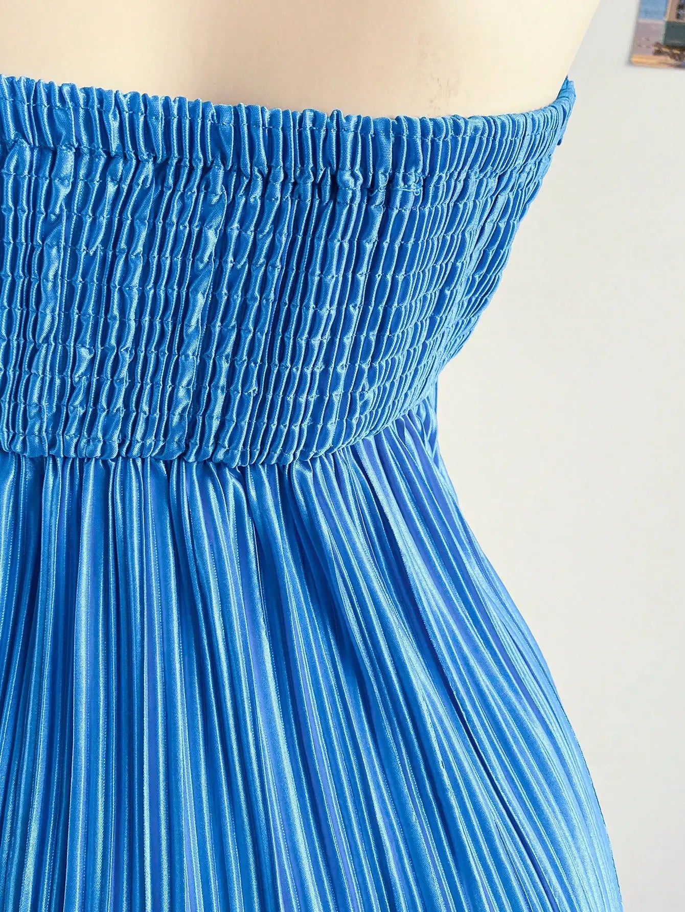 Blue Pleated Ruched Bandeau Mini Dress For Women Beach Party Vacation Outfit