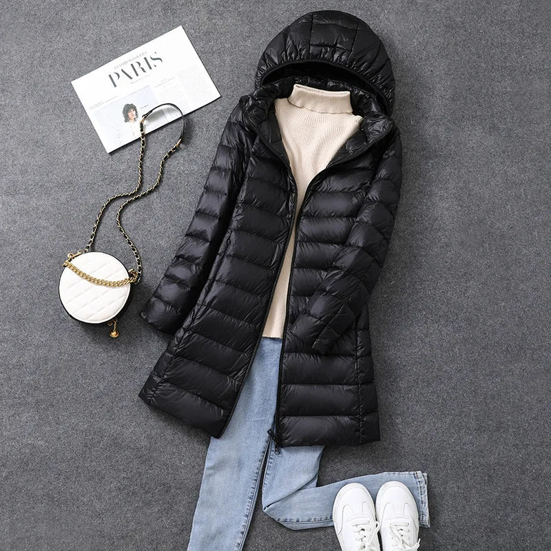 Women's X-long Office Lady Hat Detachable Puffer Jackets 2025 New Arrival Autumn Winter White Duck Down Warm Coat