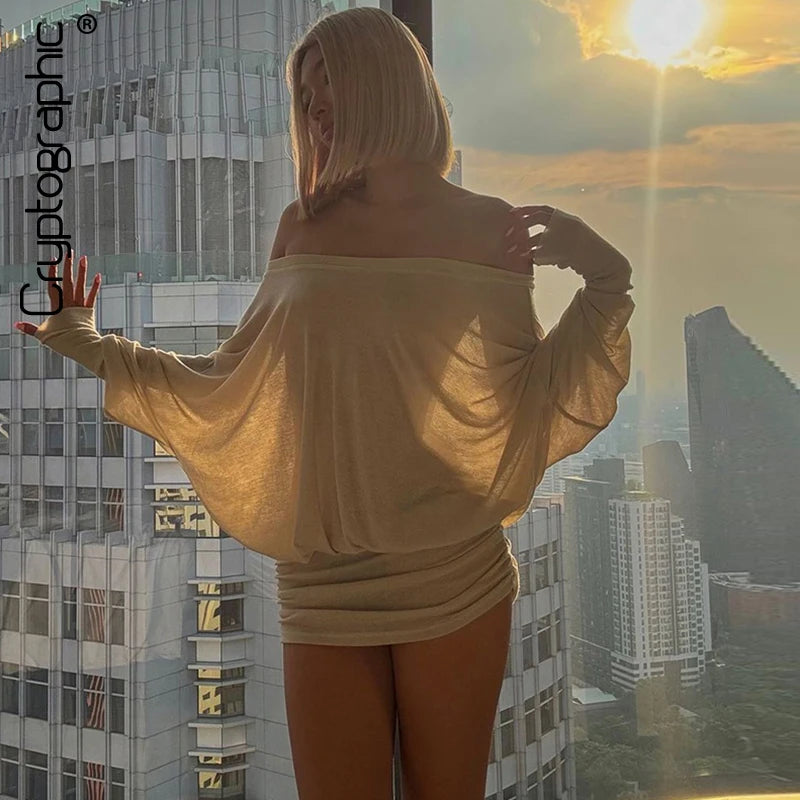 Cryptographic Fashion Off Shoulder Sheer Mini Dress Outfits for Women Hot Sexy Long Sleeve Ruched Party Dresses Bodycon Solid