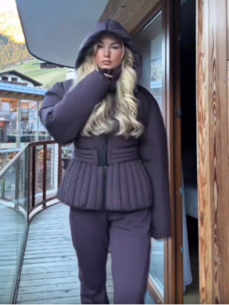 Belted Chic Hooded Cotton Coat Women Casual Full Sleeve Stand Collar Zipper Short Skiwear 2026 Lady Winter Sport Puffer Jacket