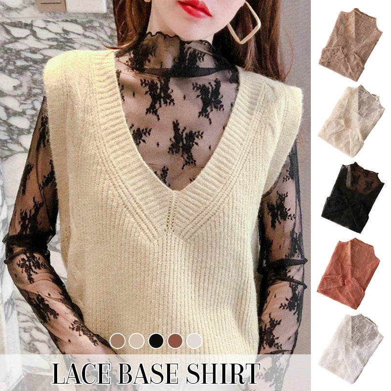 S-XL New Women Lace Shirt Spring Autumn Sexy Mesh Shirts Lace-Collared Blouse Long Sleeve Bottoming Shirt Pullover Top