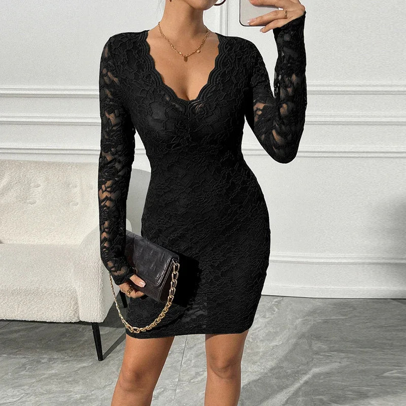 Sexy Bodycon Dress Women V Neck Long Sleeve Lace Short Dresses For Women Elegant Mini Dress Club Party Dress
