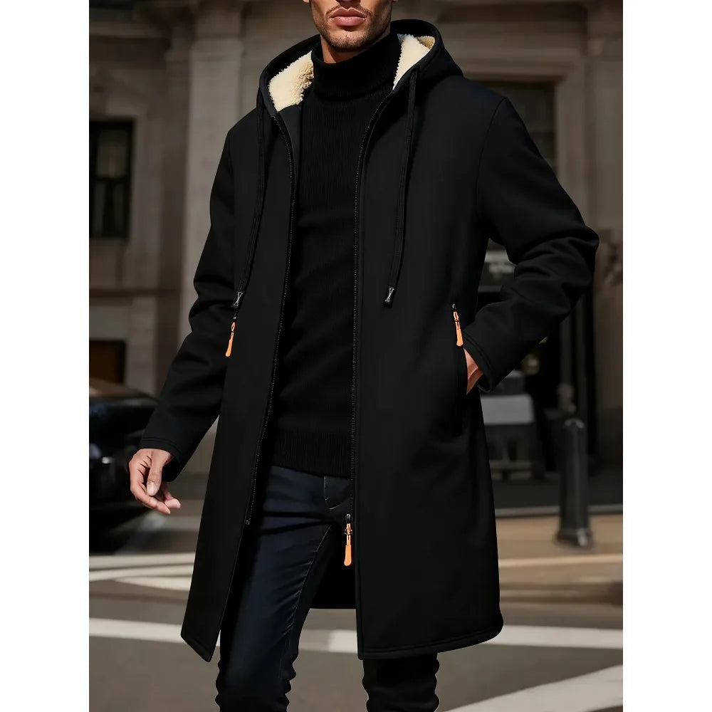 Men's Winter Warm Long Coat Zipper Jacket Zip Windbreaker Thick Fleece Windproof Overcoat Casual Contrast Color Hooded Jacket