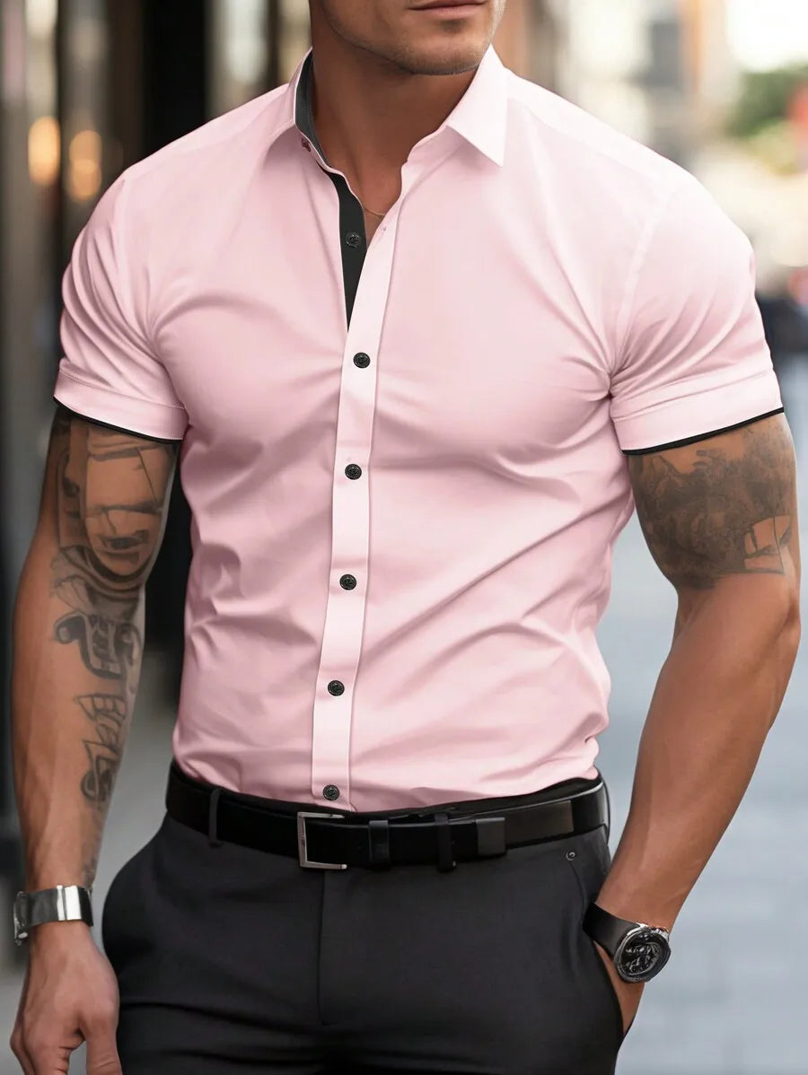 Men's White Short Sleeve Casual Shirt with Black Trim Collar and Cuffs