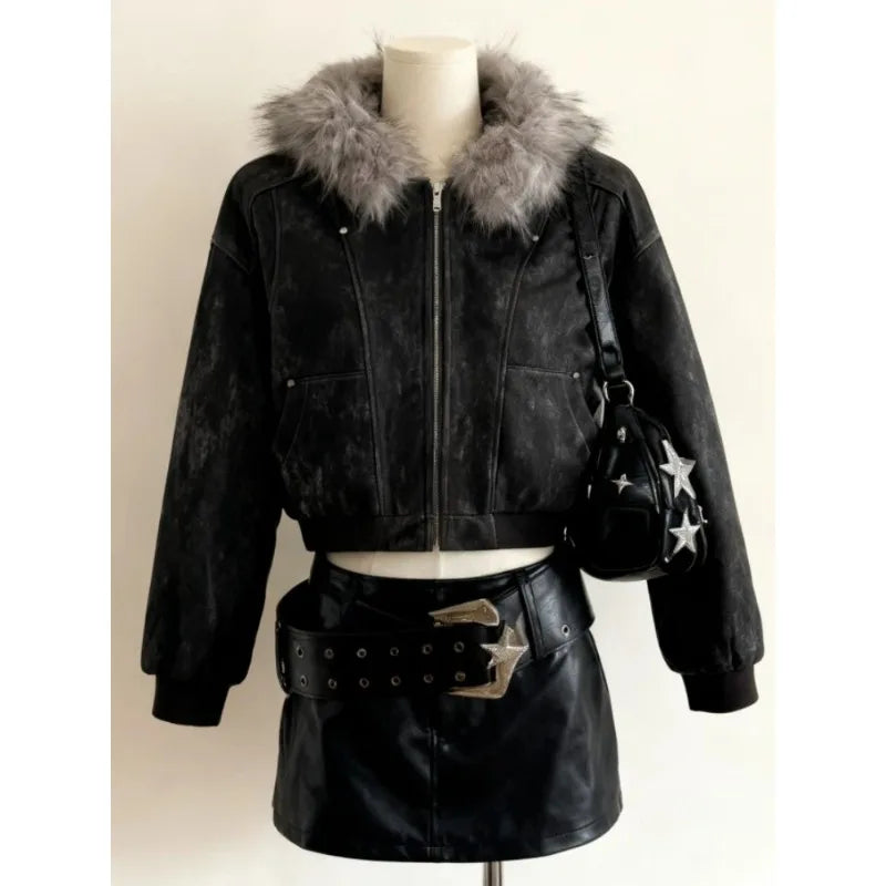 American Style Vintage Faux Fur Hooded Woman Autumn Winter  Casual Long Sleeve Coat Outwear Fashion Warm Jacket Outerwear Chic