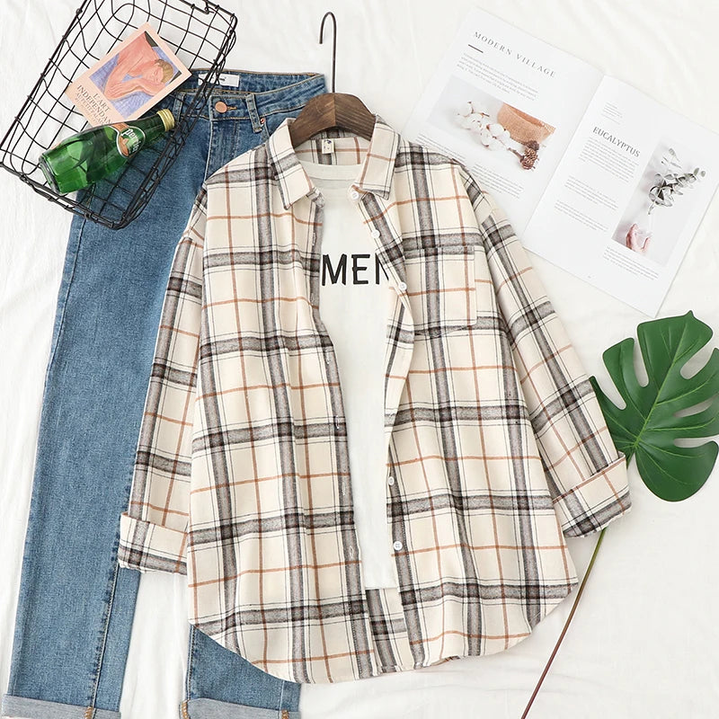 Fresh Flannel Plaid Shirt Women 2025 New Female Blouses and Tops Cotton Loose Long Sleeve Casual Shirts Fine Women's Clothes