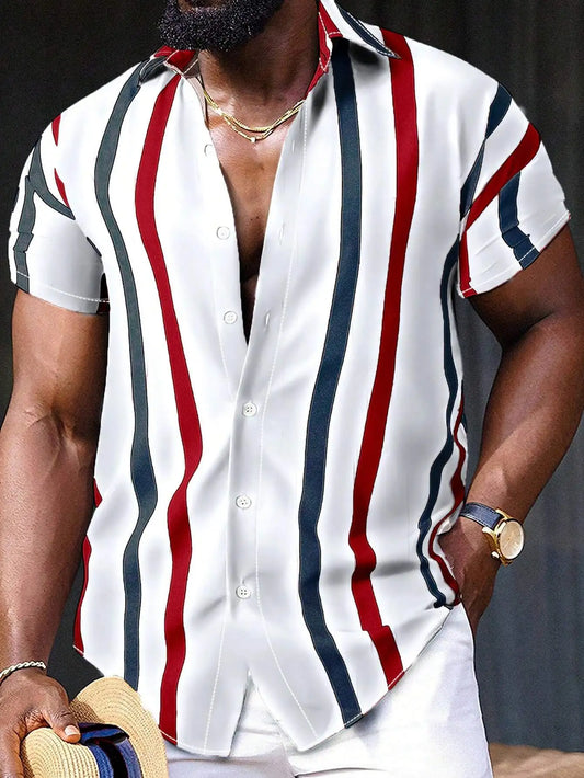 Men's Short Sleeve Vertical Striped Button-Up Shirt, Casual Summer Wear