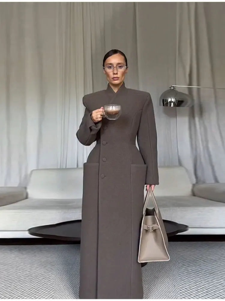 Women's Long Coat Slim V Neck Single Breasted Overcoats Shoulder Pad Maxi Jackets with Belt 2025 New Winter Lady Commute Outwear