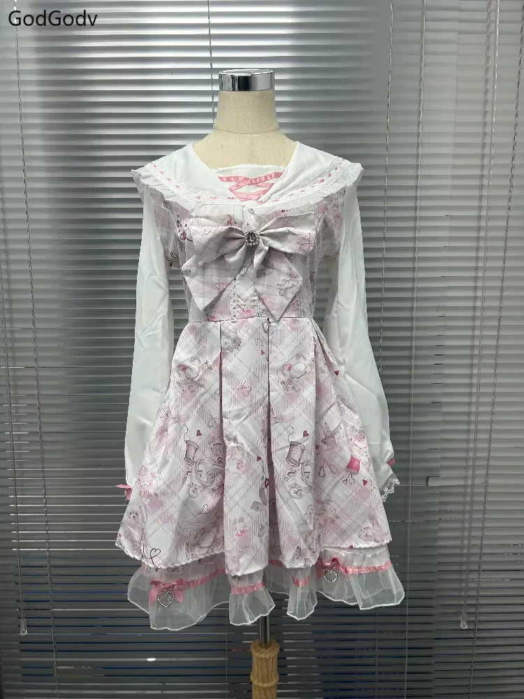 2025 Japanese Sweet Lolita Kawaii Dress Women Spring Printed Bow Fake Two Piece Dress Female Korea Style Design Party Clothing
