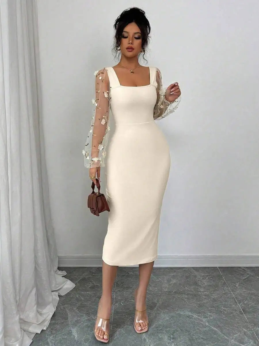 Square Neck Knit Bodycon Dress with Floral Mesh Sleeves, High Elastic & Tummy Control