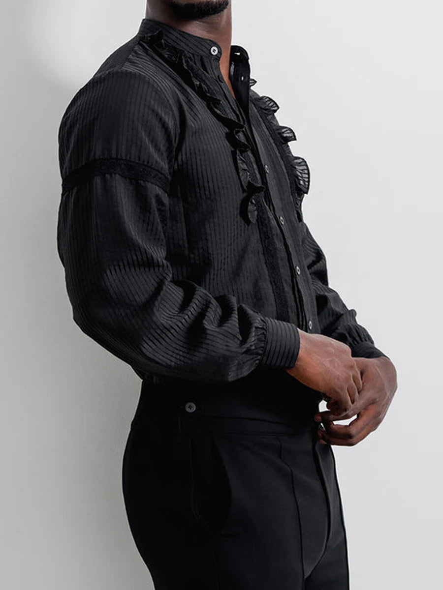 Vintage Style Men s Striped Lace Ruffle Button-Up Shirt with Long Sleeves - Classic Spring and Fall Fashion for Casual Wear