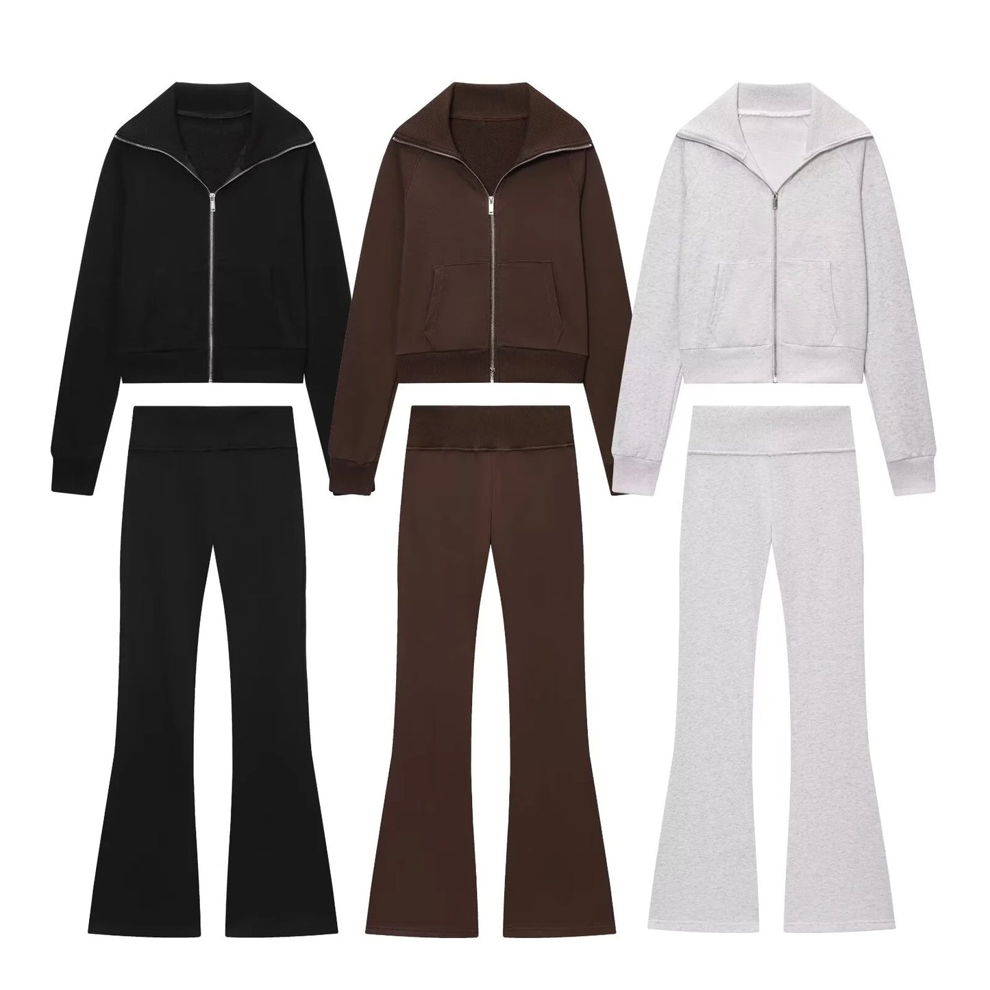 2025 Autumn New Women's Casual Lapel Long-Sleeved Zipper Fleece Jacket + High-Waisted Terry Flared Trousers