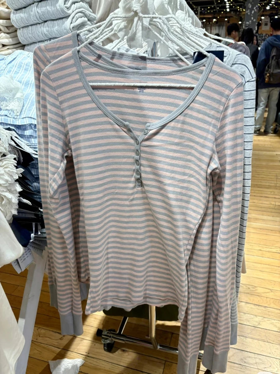 Pink Striped Slim Long Sleeve Tees Women Spring Casual Cotton O-neck Tshirt New Tops Clothes Sweet Cute  Vintage T-shirts Y2K