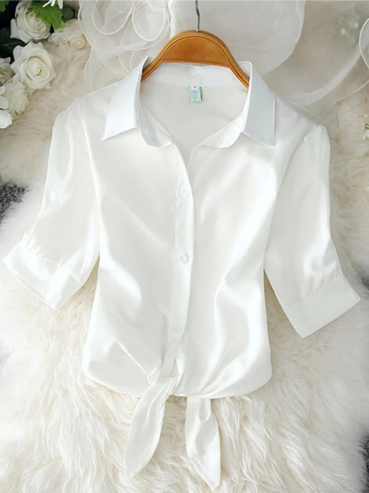2023 Fashion Solid Color White Women Shirt Casual Blouses Autumn Half Sleeve Elegant Office Lady Tops 19870