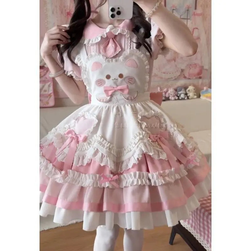 2025 Japanese Sweet Lolita Kawaii Dress Women Spring Printed Bow Fake Two Piece Dress Female Korea Style Design Party Clothing