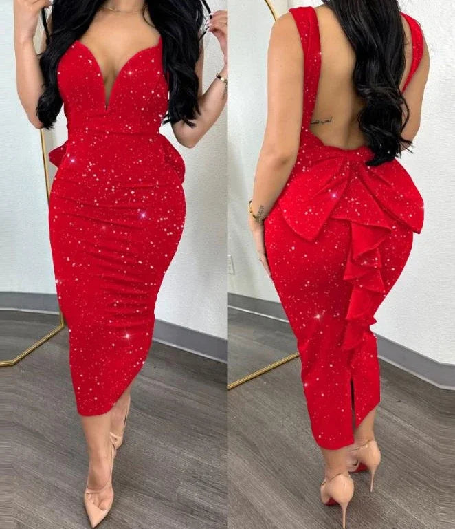 Dress for Women Streetwear Elegant Solid Color Hip Wrap Open Back Deep V High Waist Split Bodycon Dresses 2024 Spring and Summer