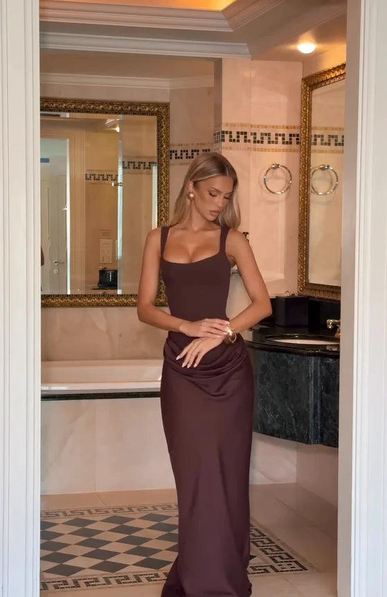 Solid Pleated Sling Dress Women Square Neck Sleeveless Off-shoulder Waist Cinching Slim Dresses Lady Evening Party Gowns 2025