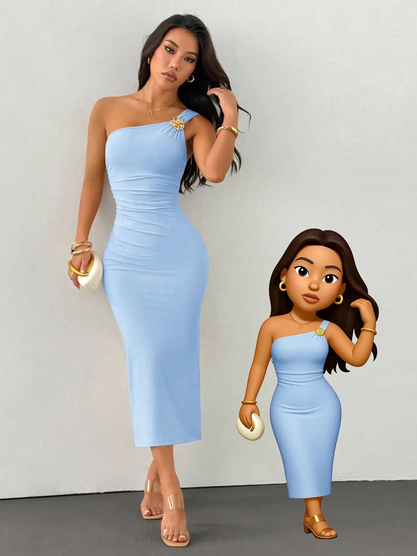 One Shoulder Ruched Fishtail Dress With Gold Brooch Asymmetric Neck Party Dress