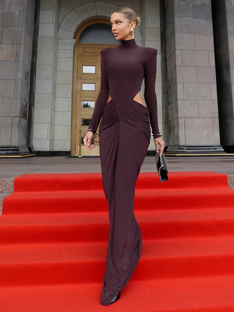 Nibber Hipster Waistless Ruched Elegant Dress Woman Autumn Style Turtleneck Full Sleeve Hollow Design Prom Party Long Bodycon