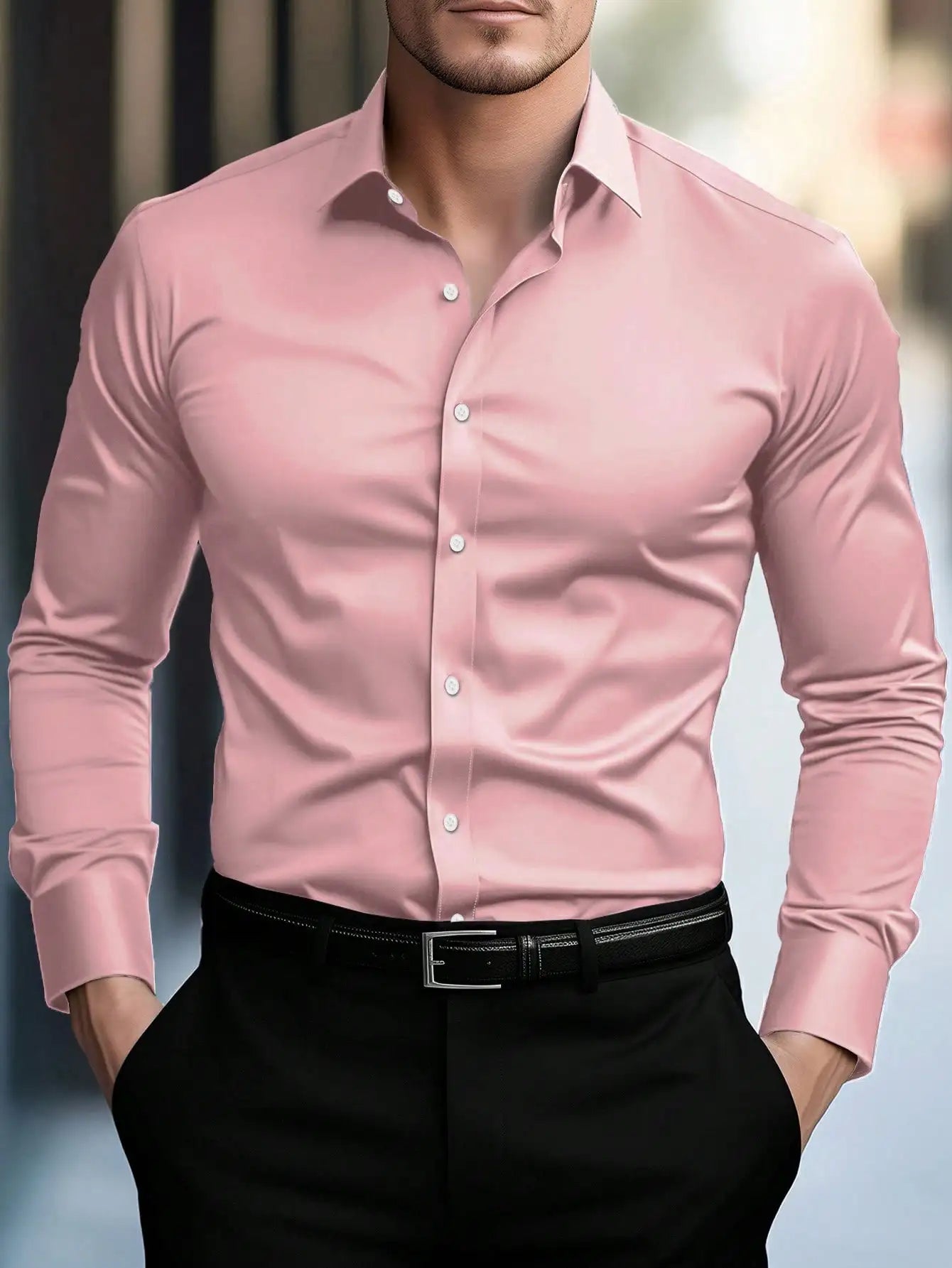 Men's Slim Fit Solid White Long Sleeve Button-Up Shirt for Business Casual Wear