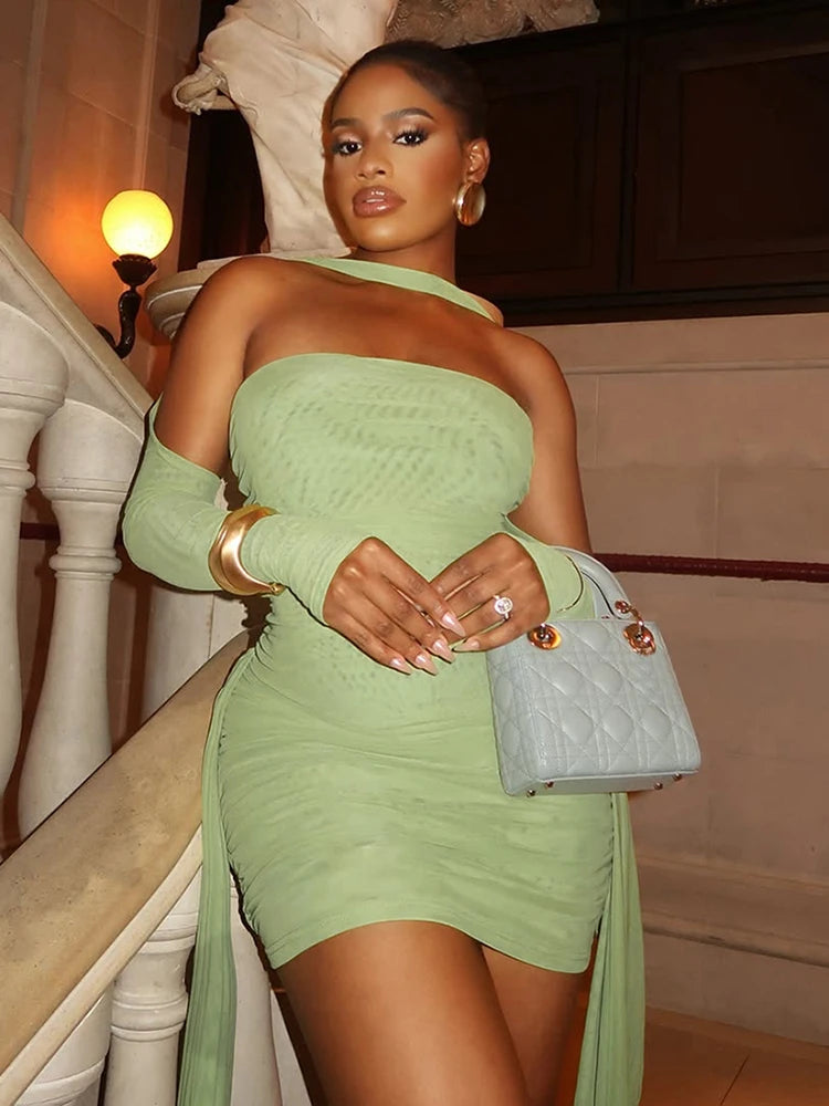 Weird Puss Sexy See Through Dress+Shawl Women Side Ribbon Ruched Coquette Skinny Midnight Clubwear Summer Vacation Party Bodycon