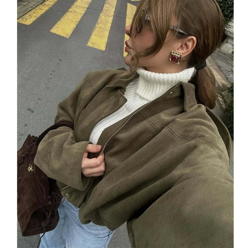 MUJER 2025 Suede Bomber Jackets for Women Outerwears Oversized Jacket Woman Streetwear Zip Women's Coats Padded Varsity Jackets