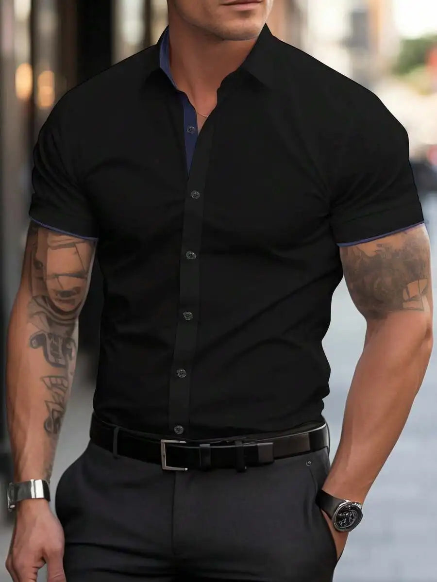 Men's White Short Sleeve Casual Shirt with Black Trim Collar and Cuffs
