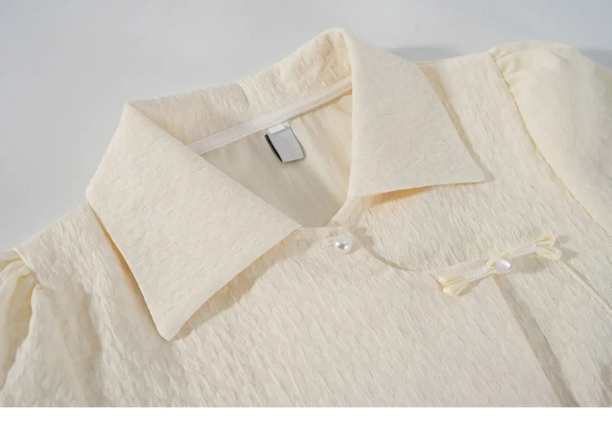 Chinese Style Shirts Women Buckles Apricot Short Sleeve Turn Down Collar Vintage Elegant Ladies Streetwear Stylish Chic Crop Top