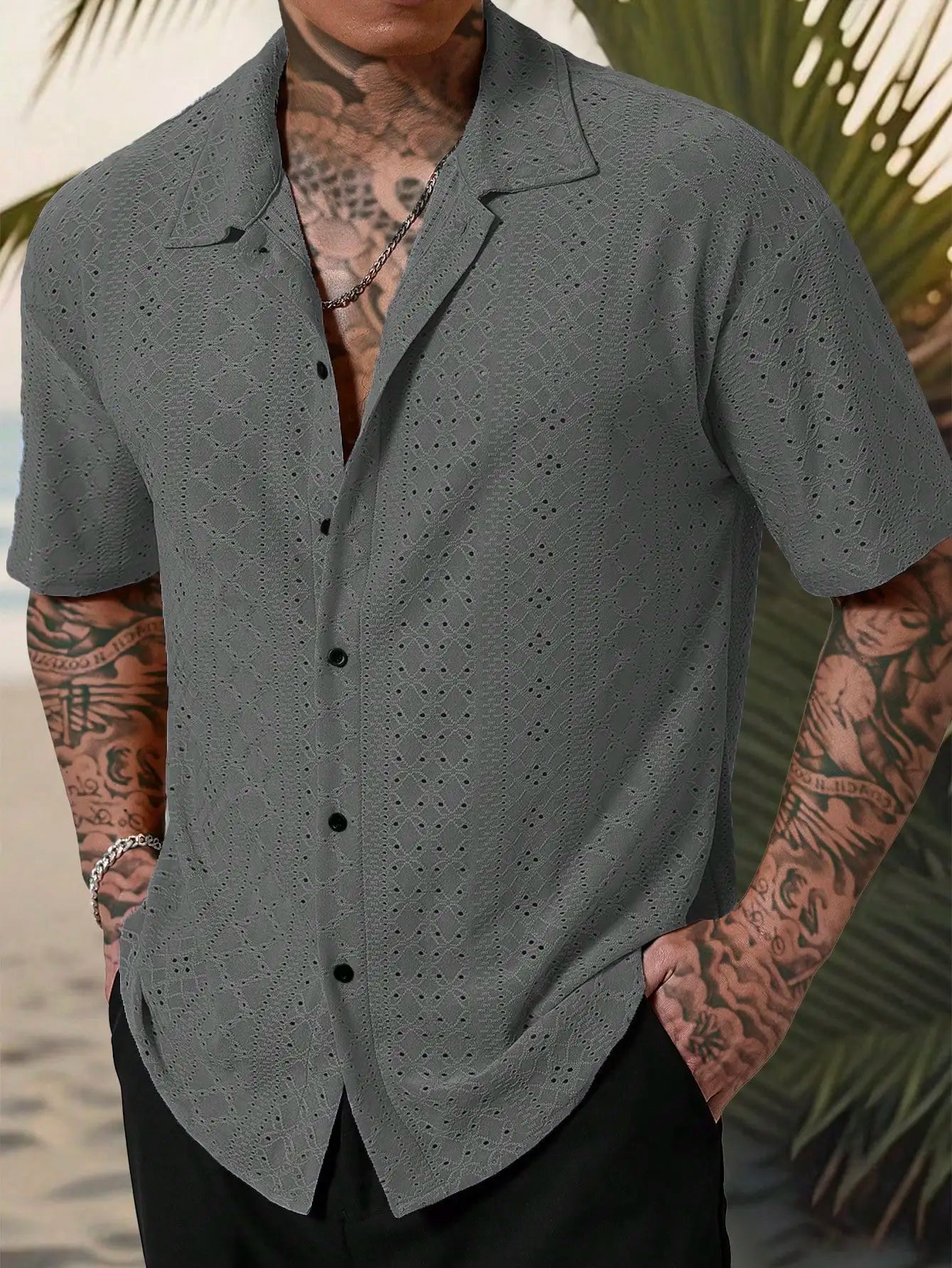 Men's Mustard Yellow Eyelet Lace Short Sleeve Casual Shirt, Loose Fit Button-Down for Beach & Festival