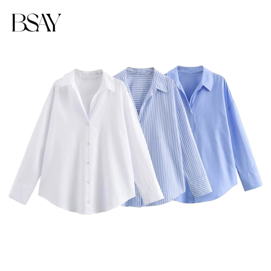 BSAY Women Fashion Spring Cotton Oxford Long Sleeve Single-breasted Lapel Blouse Street Clothing Shirt Chic Ladies Tops Mujer