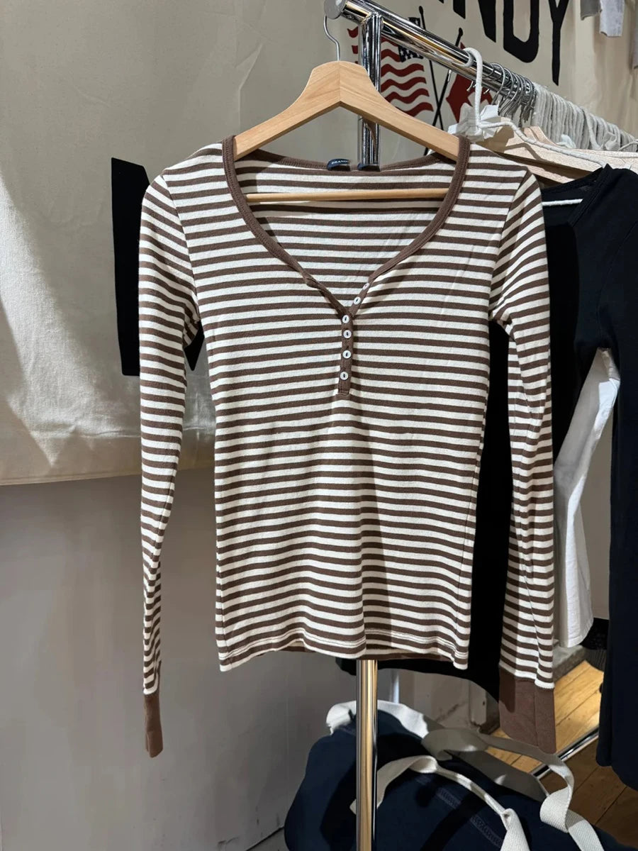 Pink Striped Slim Long Sleeve Tees Women Spring Casual Cotton O-neck Tshirt New Tops Clothes Sweet Cute  Vintage T-shirts Y2K