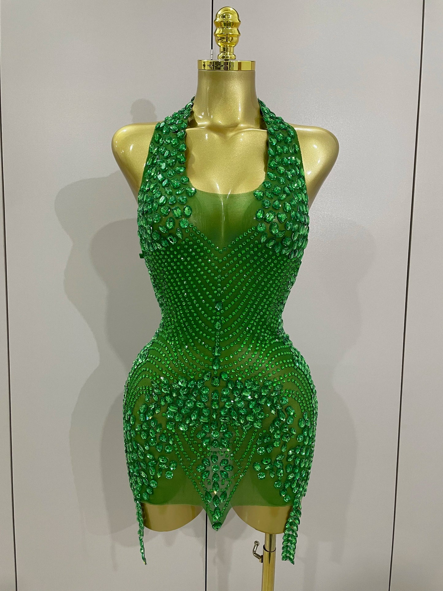 2025 New Sexy Sparkly Rhinestones Halter Backless Mesh Velour Short Dress Women Evening Prom Celebrate Birthday Party Stage Wear