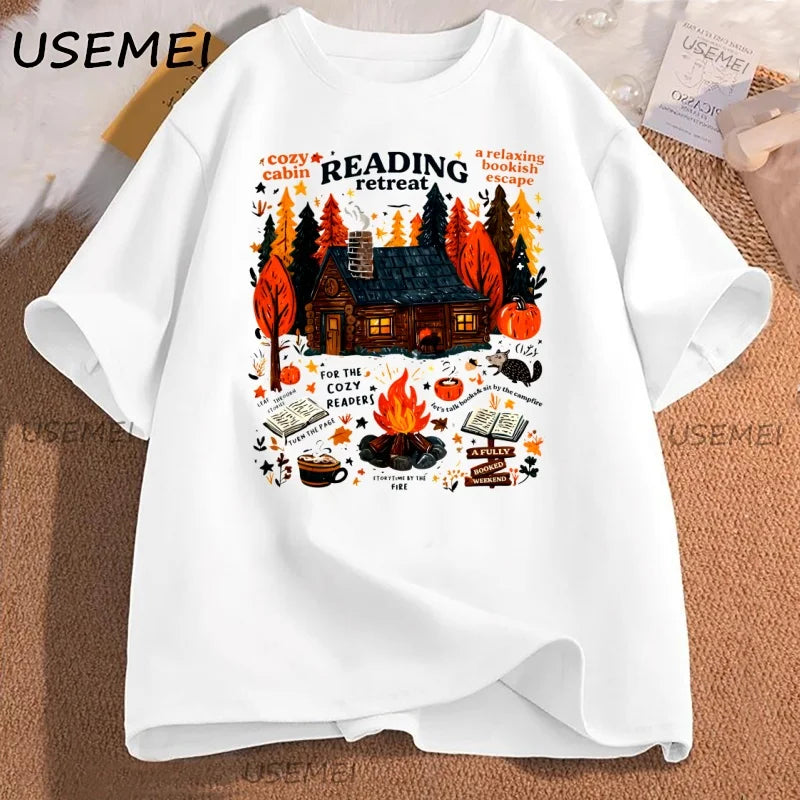 Cozy Cabin Reading Retreat T-shirt Fall Bookish Tshirt Autumn Cozy Readers Pumpkin Spice Book T Shirt Caual Cotton Short Sleeve