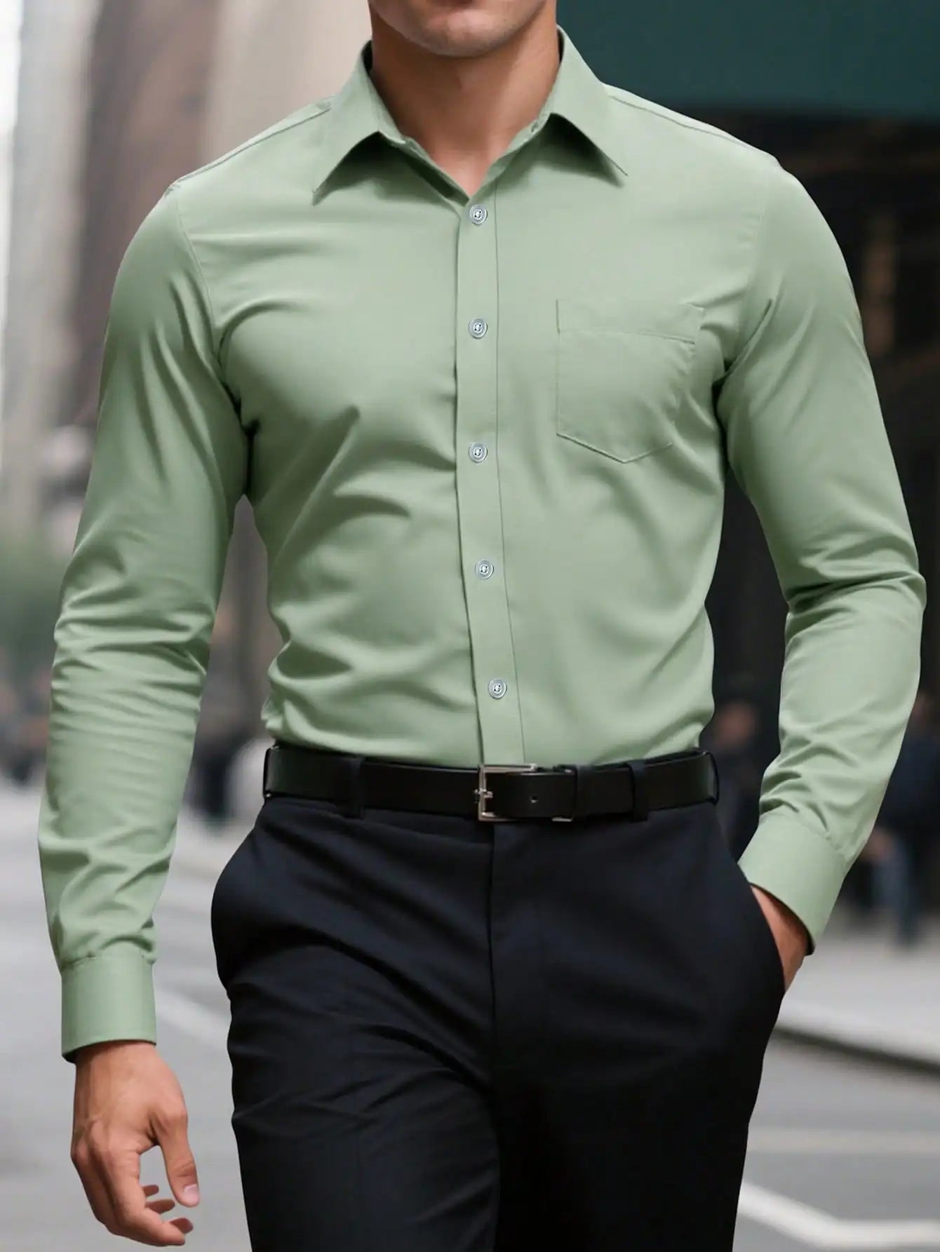 Men's Slim Fit Plain White Long Sleeve Button Up Shirt with Chest Pocket for Business or Casual Wear