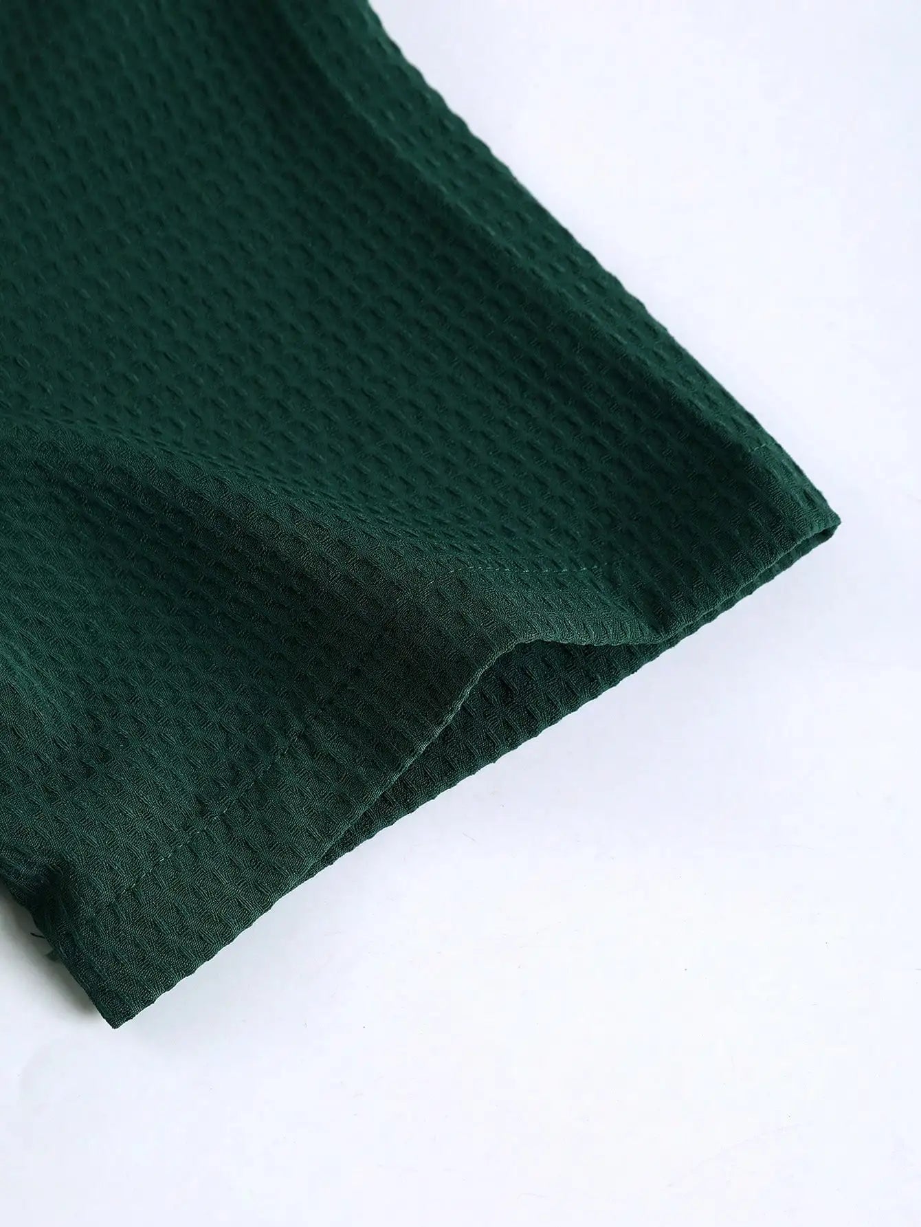 Men's Dark Green Waffle Knit Short Sleeve Button-Down Shirt Casual Spring Summer