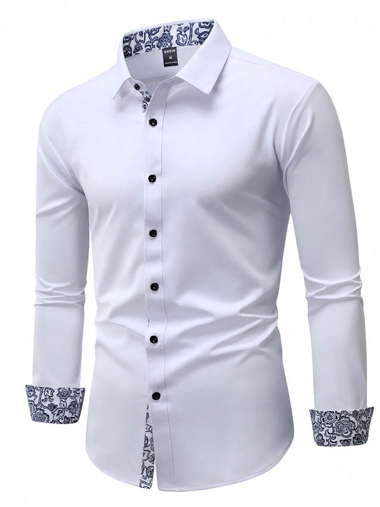 Men's White Long Sleeve Casual Shirt with Floral Print Cuffs and Collar