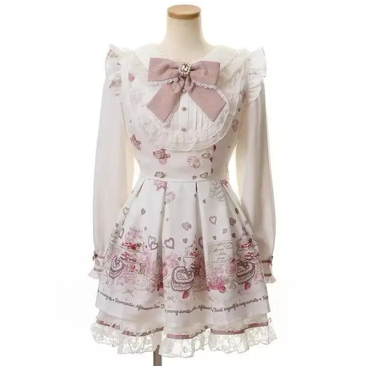 2025 Japanese Sweet Lolita Kawaii Dress Women Spring Printed Bow Fake Two Piece Dress Female Korea Style Design Party Clothing