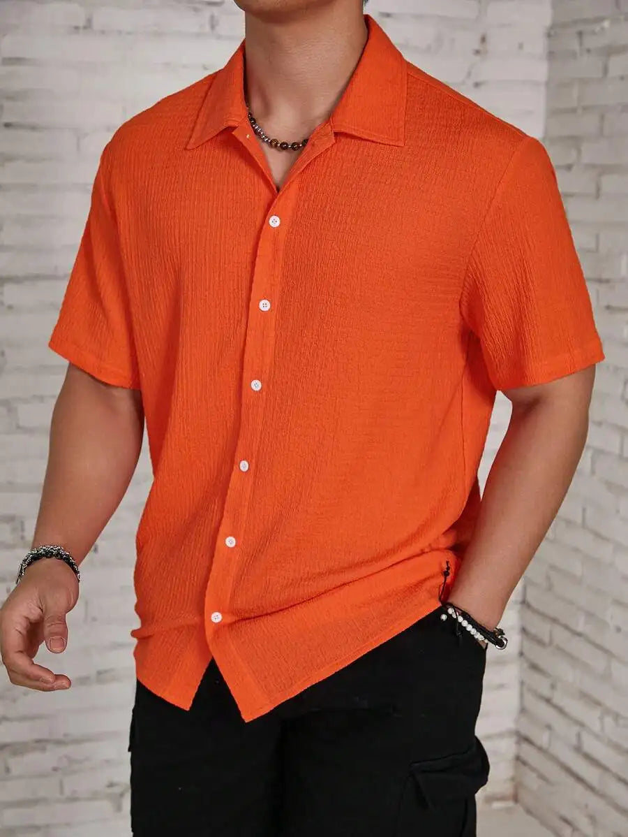 Men's Textured Knit Short Sleeve Button-Front Shirt, Loose Fit, Resort Casual Style