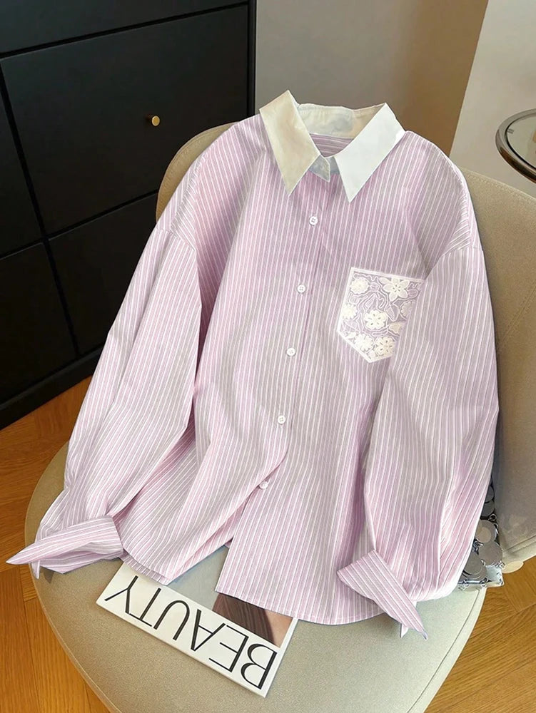 Women's Striped Clash Collar Lace Pocket Shirt, Daily Casual Shirt, Regular Fashion, Back to School Season