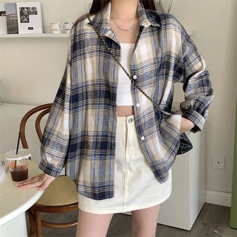 Women Tartan Shirt Long Sleeve Collared Button Up Oversized Plaid Shirt Flannel Jacket Grunge Teenage Girl Spring Summer Outfit