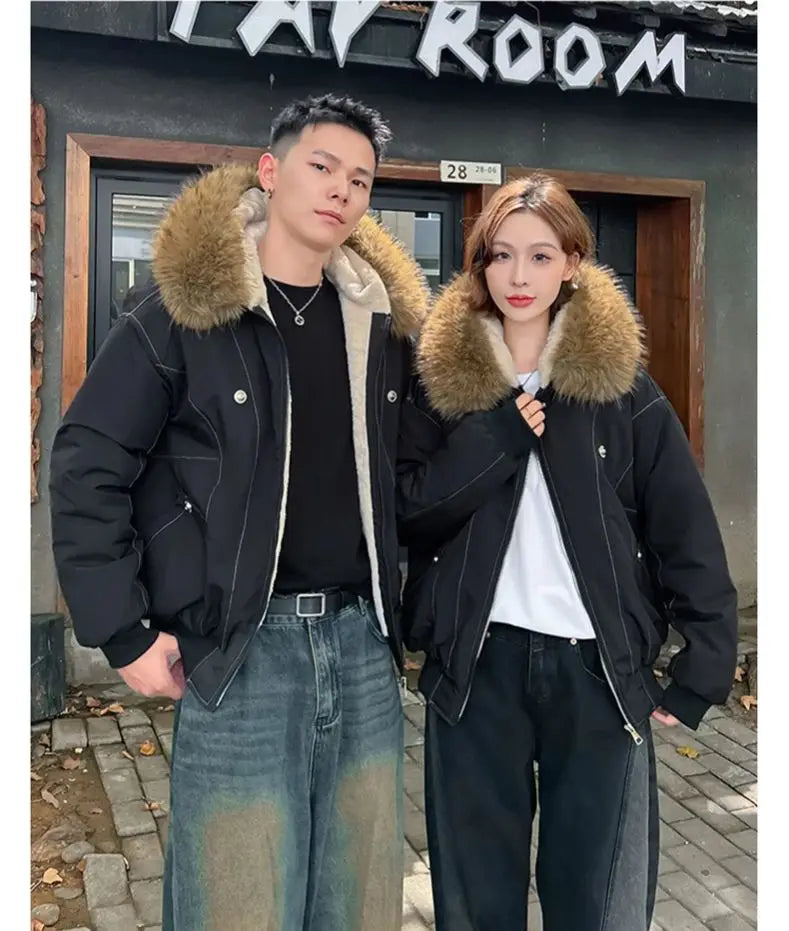 ZAROY Fur Collar Hooded Parkas Y2k Harajuku Thicken Padded Jackets Casual Zipper Gothic Women&Men Winter Coats Streetwear кур