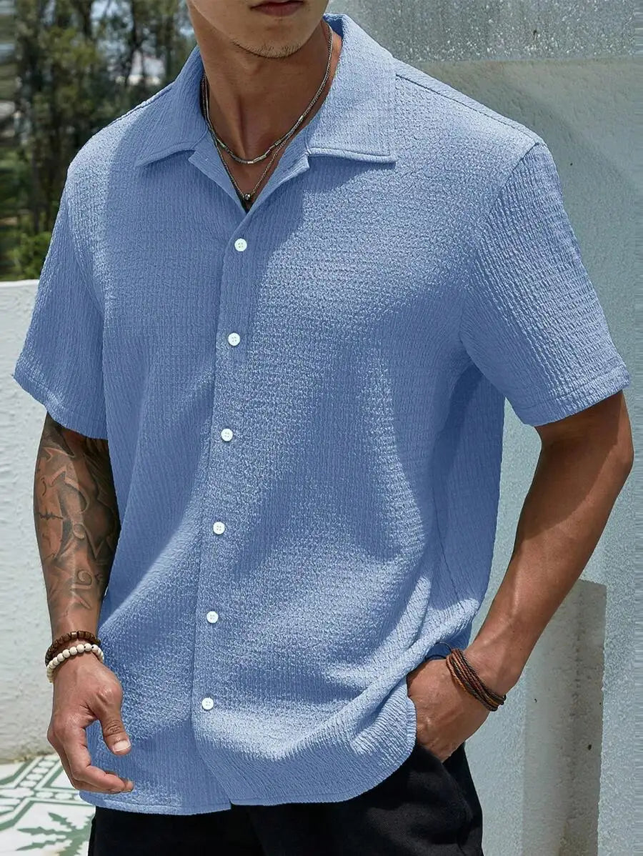 Men's Textured Knit Short Sleeve Button-Front Shirt, Loose Fit, Resort Casual Style