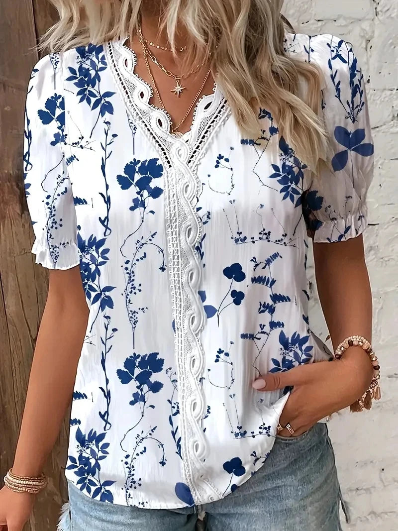 2024 Fashion Casual Vacation Shirt Women Summer V Neck Hollow Out Solid Color Blouse Female Elegant Striped Jacquard Casual Tops