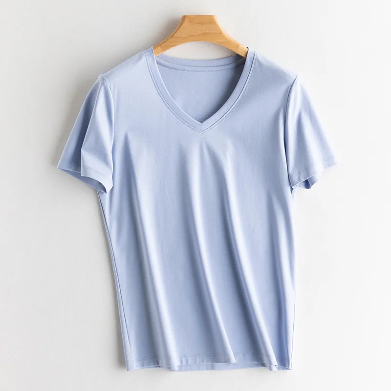 6% Real Silk Cotton Modal Women's T-shirt 2026 Summer Tees Short Sleeve Solid Tee Shirts V-neck Casual Woman Basic T shirt Tops